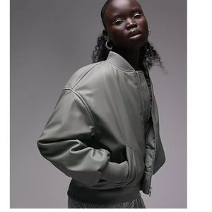 NWOT OLIVACEOUS GREEN FAUX LEATHER CROPPED BOMBER